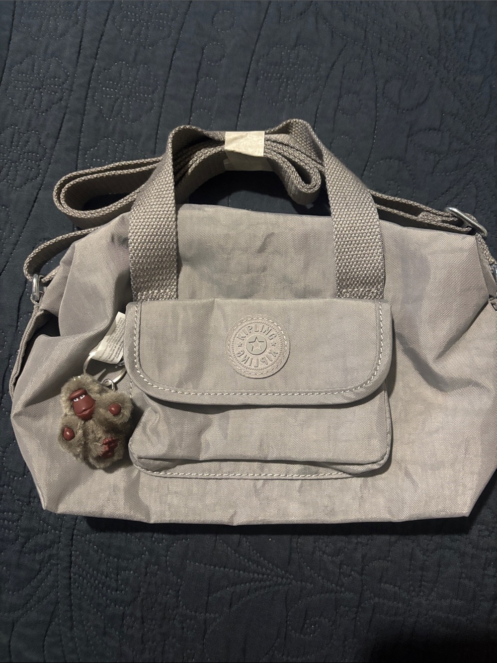 Kipling Light Gray Canvas Satchel with Monkey Key Charm